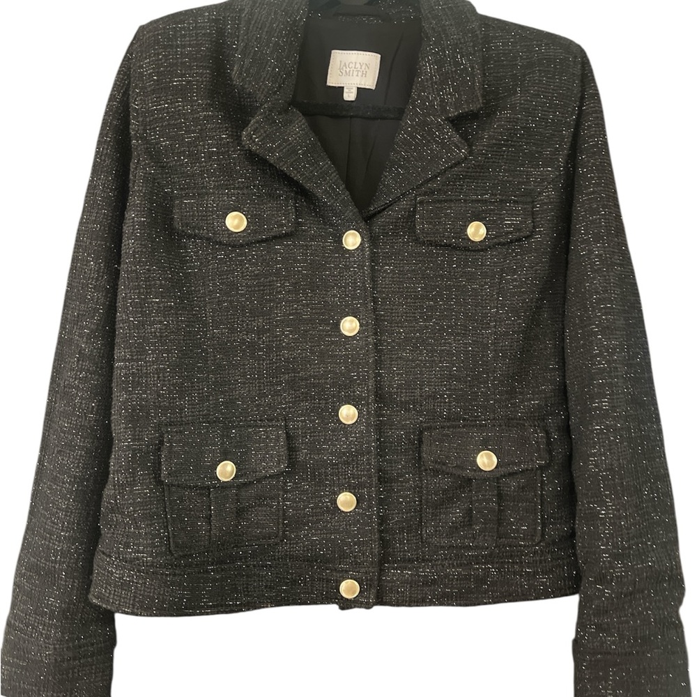 Vintage Jaclyn Smith Black Tweed Jacket Gold Buttons silver sparkles 80s Large